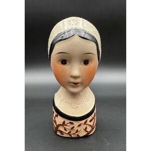 Vintage Lady Head Vase Folk Art Wall Pocket Brunette Leaf Raised Stippling